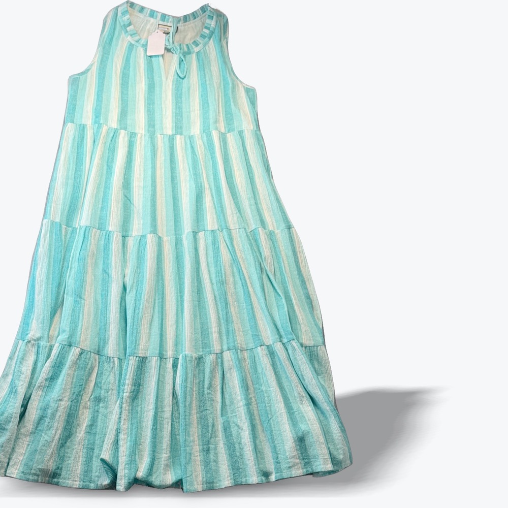 Tuckernuck Tiered Maxi Summer Dress Turquoise White Stripe Sleeveless Size Small